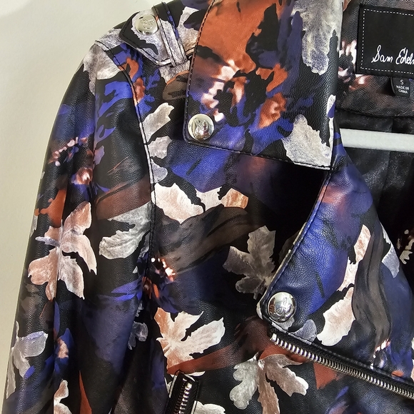Sam Edelman Faux Vegan Leather Moto Jacket Floral Size Small Black Pink Blue - Picture 3 of 9